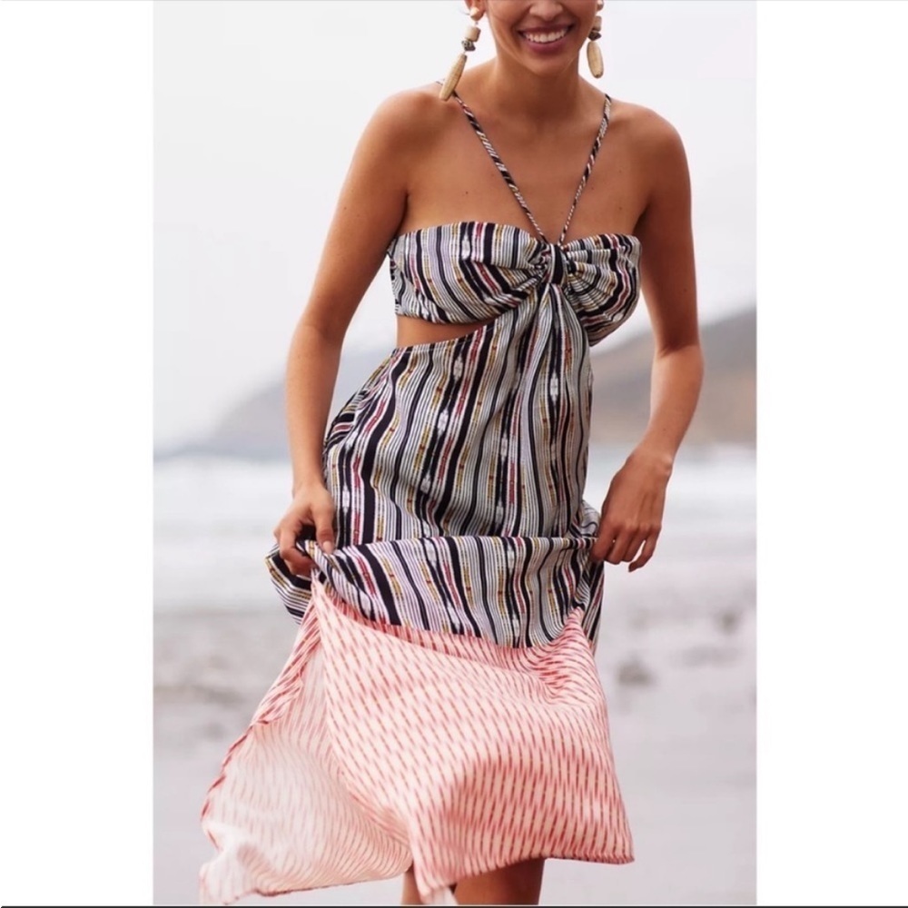Anthropologie Black Pink Striped Cutout Tie Back Maxi Cover Up Dress XL - Picture 2 of 9